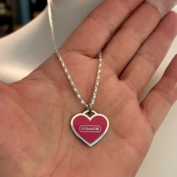 Coach Pink Enamel Heart Pendant .925 Sterling Silver Necklace - Picture 2 of 7